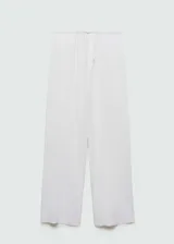 Pantalón de lino blanco, de corte recto, con cintura elástica y lazo de ajuste.