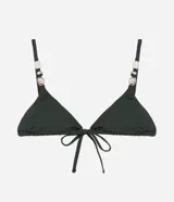 Top de bikini triangular color verde oscuro, con breteles finos adornados con cuentas blancas y negras.