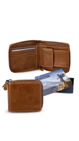 Billetera de cuero color marrón claro con cierre perimetral. En el interior, cuenta con compartimentos para billetes, tarjeteros y un monedero con broche.