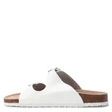 Sandalias blancas con dos tiras ajustables con hebilla metálica, plantilla de corcho y suela blanca.