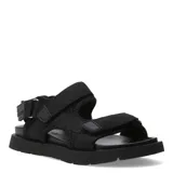 Sandalias deportivas negras con tiras ajustables de velcro y suela gruesa.