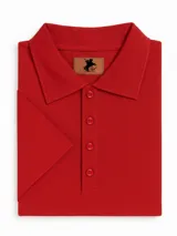 Remera tipo polo roja de algodón, corte clásico, con cuello y mangas acanaladas, y cierre frontal con tres botones.