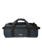 Bolso de viaje unisex RKF color azul marino, confeccionado en poliéster reciclado resistente al agua. Cuenta con compartimento principal con cierre, bolsillos interiores con cierre y de malla, correas de mochila ajustables, bolsillo delantero y trasero con cierre, correa ajustable y llavero mosquetón.