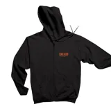 Campera negra con capucha y cierre frontal completo. Tiene bolsillos tipo canguro y un logo estampado en color naranja en el pecho. El logo dice 'EMEXEM' en letras grandes y 'MONTEVIDEO CITY GRAFF EST. 2009' en letras más pequeñas debajo.