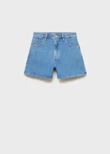 Short de jean celeste de tiro alto, con cinco bolsillos y cierre frontal con cremallera y botón.