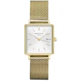 Reloj Rosefield modelo The Boxy QWSG-Q03, con caja cuadrada de acero color dorado, esfera blanca y malla de acero inoxidable dorada.