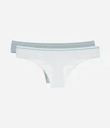 Kit de dos bombachas bikini hilo sin costuras, una blanca y otra celeste, con detalle de la marca en el lateral.