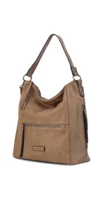 Cartera tipo hobo de cuero sintético color marrón con correa corta y correa larga ajustable. Tiene un bolsillo con cierre en el frente y otro en la parte trasera, además de bolsillos internos.