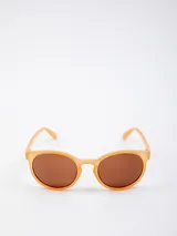 Lentes de sol con armazón de plástico color naranja y forma circular, con filtro UV400.