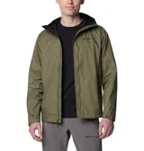 Campera impermeable Columbia Watertight II color verde oliva para hombre, con capucha ajustable, cierre frontal con cremallera, bolsillos laterales con cremallera, puños ajustables con velcro y dobladillo ajustable con cordón. Se puede guardar en su propio bolsillo. Cuenta con tecnología Omni-Tech™ que la hace impermeable y transpirable.