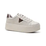 Championes urbanos color blanco con plataforma, detalle de logo triangular en el lateral y estampado animal print en el talón.