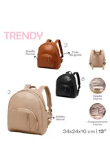 Mochila negra de cuero sintético con bolsillo frontal con cierre y logo "TRENDY" vertical.