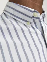 Camisa de manga larga a rayas verticales azules y blancas, con cuello abotonado, bolsillo en el pecho y corte regular.