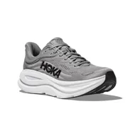 Championes de running Hoka Bondi 9 color gris con detalles en negro y blanco.