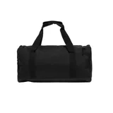 Bolso deportivo Adidas negro con logo blanco estampado. Cuenta con doble asa de mano, correa ajustable para el hombro, compartimento independiente para calzado, bolsillos laterales y en los extremos con cremallera, y bolsillos interiores con y sin cierre.