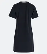 Vestido corto negro de viscosa con mangas cortas y cuello redondo de punto en color blanco y gris.