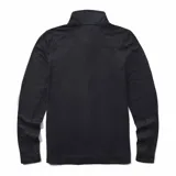 Buzo negro de poliéster reciclado y spandex, con cierre de 1/4, cuello alto, mangas largas con orificios para pulgares y logo de la marca en el pecho.