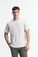 Remera de manga corta color gris claro con cuello redondo y logo de la marca estampado en el pecho.