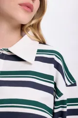 Remera manga larga con cuello polo, a rayas horizontales blancas, verdes y azules.