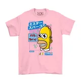 Remera rosa con estampado de Homero Simpson estilo kawaii y texto en japonés.