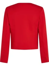 Campera roja de punto Tommy Hilfiger para mujer, con cuello redondo, cierre frontal con botones dorados, mangas largas y dos bolsillos de parche delanteros con detalles de botones dorados.