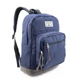 Mochila negra de tela Oxford con base de nobuk color beige, dos bolsillos frontales con cierre y tiradores de cuero. Correas de hombro acolchadas.