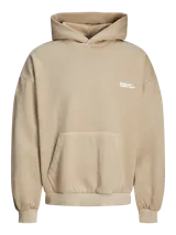 Hoodie color beige con estampado en la espalda con la frase "Originals Studio dept" en letras blancas.