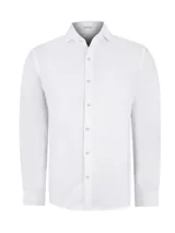 Camisa de manga larga blanca de lino orgánico con tejido melange, cuello clásico, cierre con botones y logo bordado al tono.