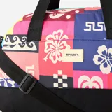 Bolso de gimnasio Rip Curl con estampado multicolor y base negra. Tiene doble asa de mano, correa de hombro ajustable y logo de la marca en el frente.