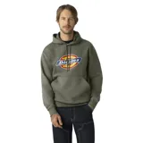Canguro verde con capucha y cordones ajustables, bolsillo tipo canguro y logo de Dickies estampado en el pecho.