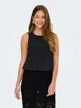Top negro sin mangas con cuello redondo y ruedo elastizado. Confeccionado en tejido plano de modal TENCEL™ y poliéster, con cierre trasero con cremallera y calce regular.