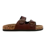 Sandalias marrones de cuero sintético con dos tiras anchas ajustables con hebilla metálica. Suela plana de corcho y base de goma.