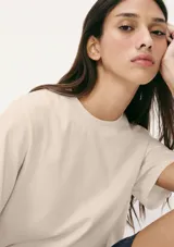 Remera color marrón claro, de corte recto, con cuello redondo y mangas cortas.