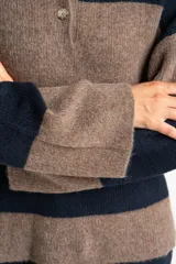 Sweater de tejido de punto grueso, color marrón y azul marino, con diseño de rayas horizontales anchas. Presenta cuello polo y abertura frontal con dos botones nacarados.