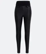 Pantalón legging negro de punto roma con cintura alta y detalle de solapa en la parte delantera confeccionada en material sintético.