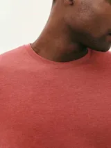 Camiseta básica de manga corta, cuello redondo y calce regular, color rojo jaspeado.