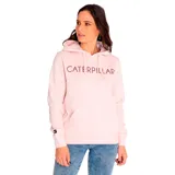 Buzo con capucha color salmón, con logo de Caterpillar estampado en blanco en el pecho y bolsillo tipo canguro.