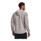 Campera Under Armour Rival Terry, color gris jaspeado, con cierre frontal completo, capucha con cordones ajustables y logo estampado en el pecho.