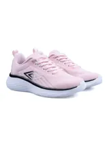 Championes de running Umbro Spice para mujer, color negro con detalles en naranja y blanco. Presentan el logo de la marca en el lateral y suela de goma con tecnología de amortiguación.