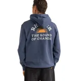 Canguro azul con capucha y bolsillo tipo canguro. Estampado pequeño en el pecho con el logo de la marca.