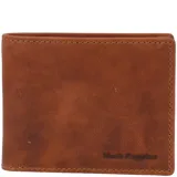 Billetera de cuero color marrón con costuras en los bordes y logo de la marca en la esquina inferior derecha.