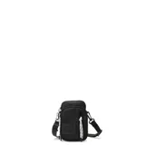 Cartera negra de tamaño pequeño con tira ajustable y diseño minimalista.