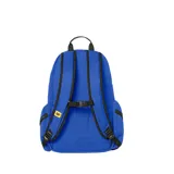 Mochila Caterpillar color rosa con logo negro estampado en el frente. Tiene un compartimento principal con cierre, un bolsillo frontal con cierre vertical y dos bolsillos laterales con cierre. Las correas son ajustables y acolchadas.