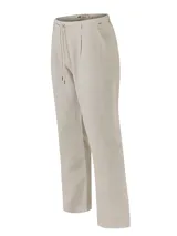 Pantalón capri de lino color beige con efecto melange, pretina elástica con cordón ajustable, bolsillos delanteros y traseros.