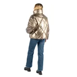 Campera puffer color bronce con cuello alto, cierre frontal negro, bolsillos laterales y elástico interno en la cintura.