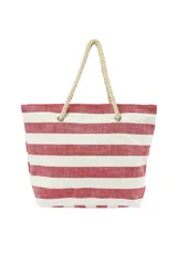 Bolso tipo tote bag con diseño a rayas horizontales rojas y blancas, con asas de soga.