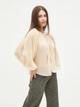 Blusa negra de gasa transparente con cuello redondo, mangas largas abullonadas con puños elásticos y cierre frontal con botones.