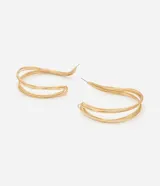 Caravanas de aro grande con diseño de doble alambre entrelazado, acabado en baño dorado claro y cierre de tornillo.