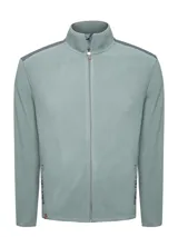 Campera polar celeste de poliéster reciclado con aplicaciones de tela canvas de algodón en los hombros, dos bolsillos frontales con cierre, bolsillos internos, cuello alto y cierre completo.