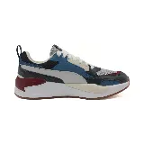Championes Puma X-Ray 2 Square de estilo urbano y futurista, con capellada de malla gris, refuerzos de cuero sintético azul, blanco y negro, y detalles en rojo.